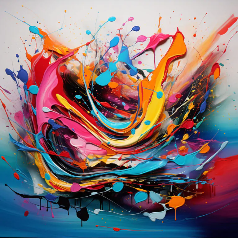 An energetic and vivid abstract painting, characterized by bold splashes and streaks of vibrant colors. The artwork features a dynamic interplay of reds, oranges, yellows, blues, purples, and pinks, creating a sense of movement and chaos. Paint splatters and drips add texture and depth, with some colors blending and overlapping in a fluid manner. The composition suggests an explosion of colors, evoking feelings of excitement and creativity, with a striking contrast between the bright hues and darker, more muted background elements.