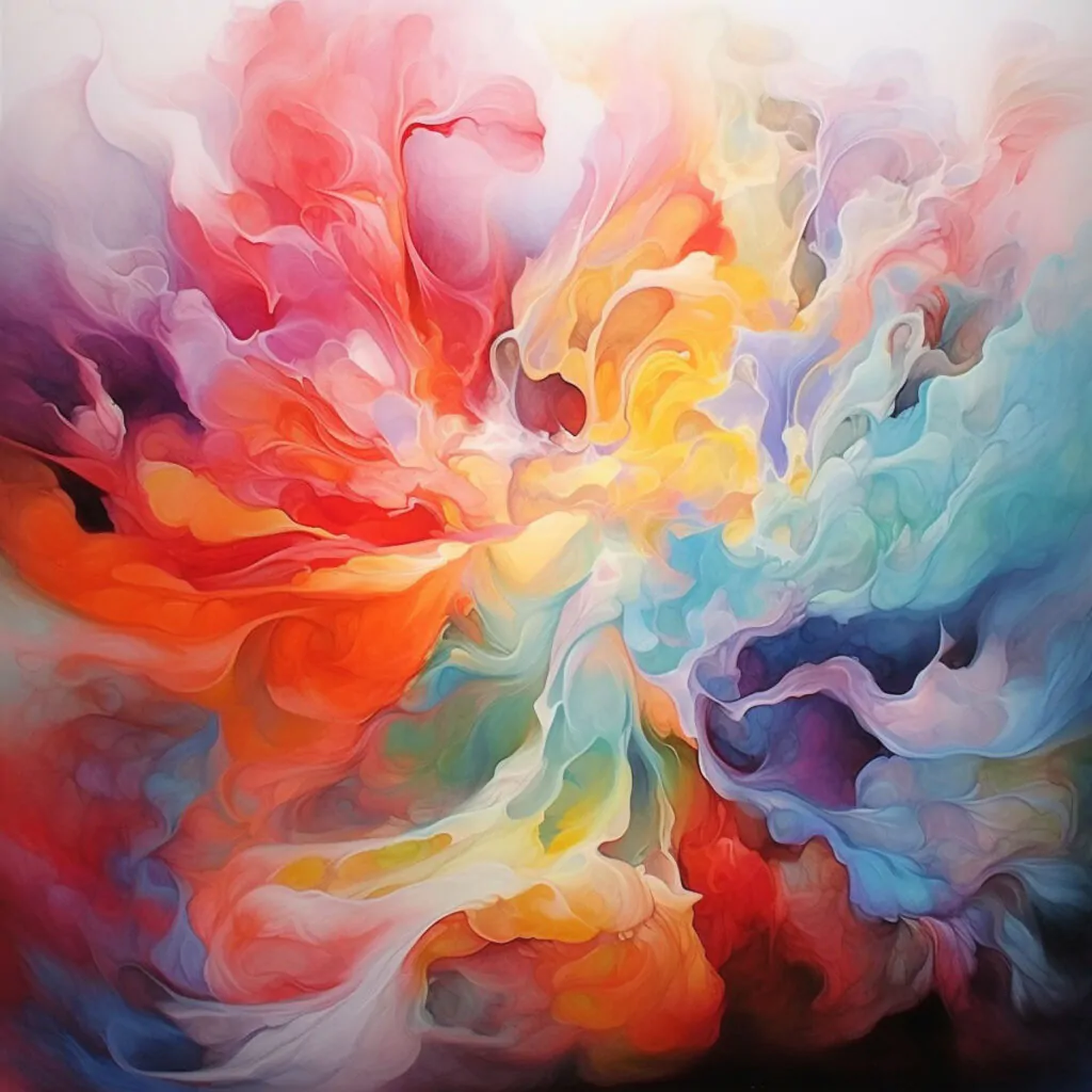 A vibrant, swirling abstract painting with an explosion of colors, including red, orange, yellow, pink, purple, blue, and teal.
