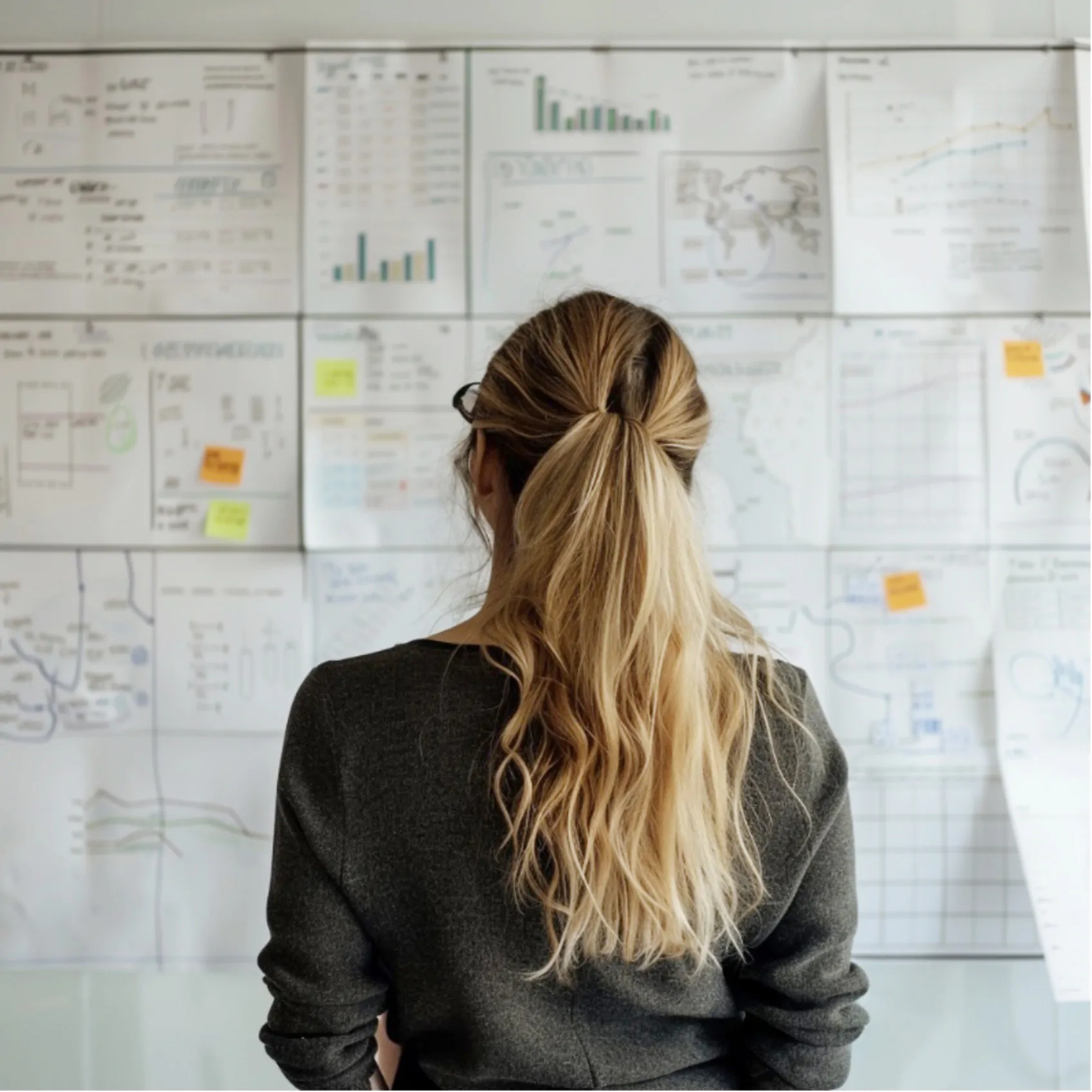 A woman with long blonde hair, tied in a loose ponytail, is standing with her back to the camera. She is looking at a wall covered with various papers, charts, graphs, and sticky notes, which appear to contain data and analytical information. She is wearing a dark grey sweater and glasses, and the environment suggests she is in a workspace or office, focused on analyzing the information displayed in front of her.